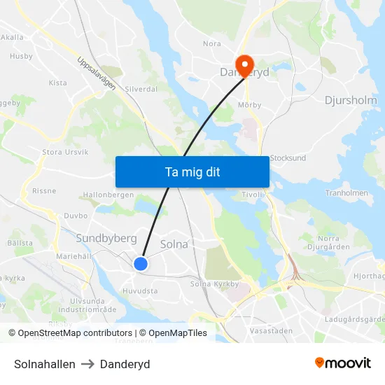 Solnahallen to Danderyd map