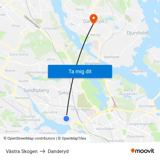Västra Skogen to Danderyd map