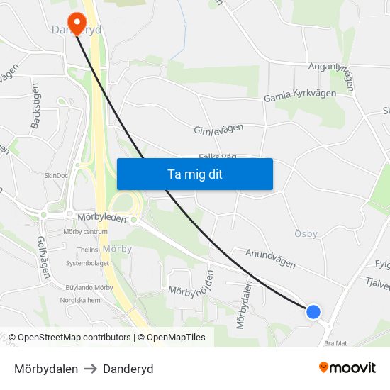 Mörbydalen to Danderyd map