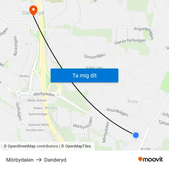 Mörbydalen to Danderyd map