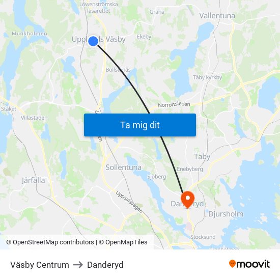 Väsby Centrum to Danderyd map