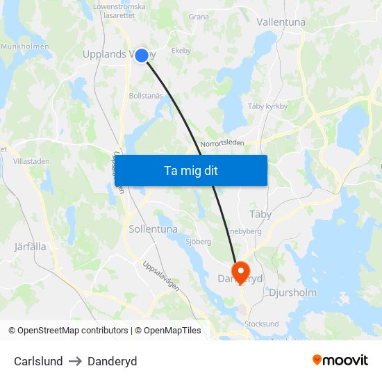 Carlslund to Danderyd map