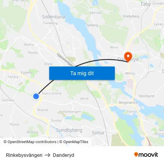 Rinkebysvängen to Danderyd map
