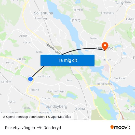 Rinkebysvängen to Danderyd map