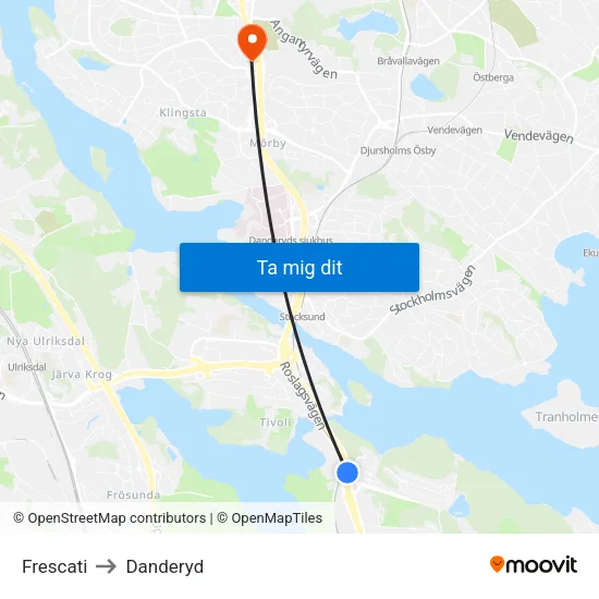 Frescati to Danderyd map