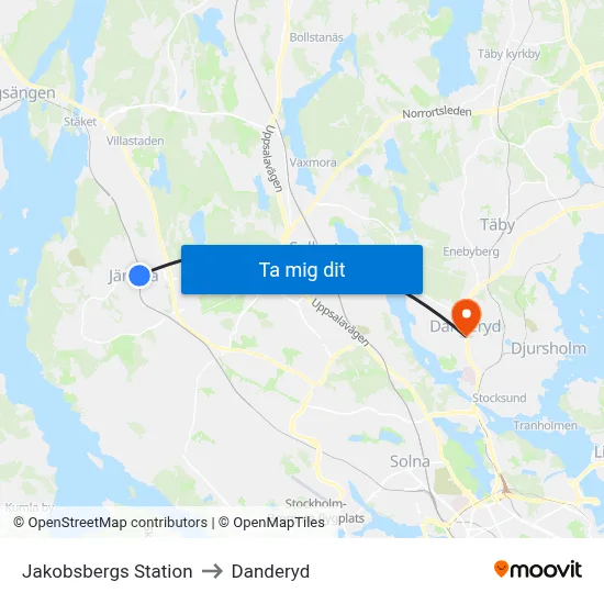 Jakobsbergs Station to Danderyd map