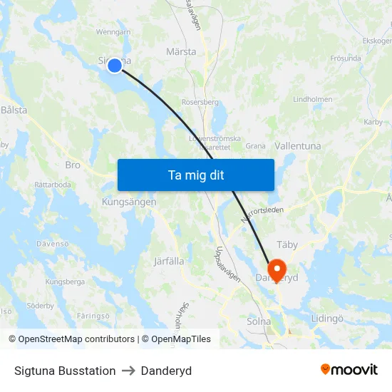 Sigtuna Busstation to Danderyd map