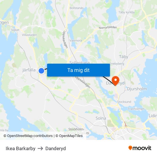 Ikea Barkarby to Danderyd map