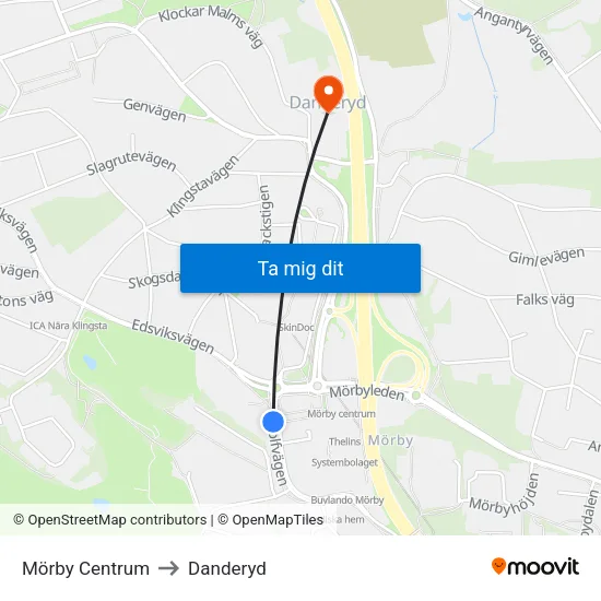 Mörby Centrum to Danderyd map
