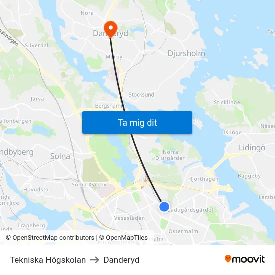 Tekniska Högskolan to Danderyd map