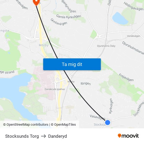 Stocksunds Torg to Danderyd map