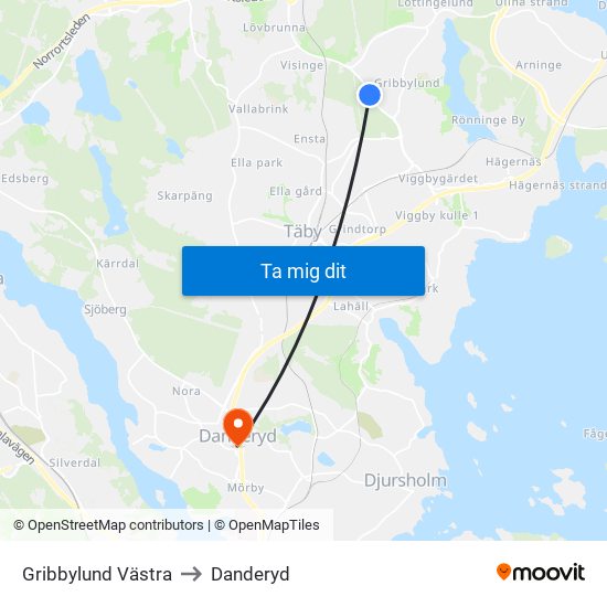 Gribbylund Västra to Danderyd map