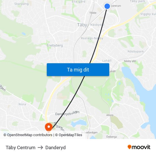 Täby Centrum to Danderyd map