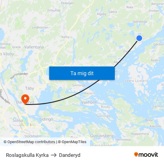 Roslagskulla Kyrka to Danderyd map