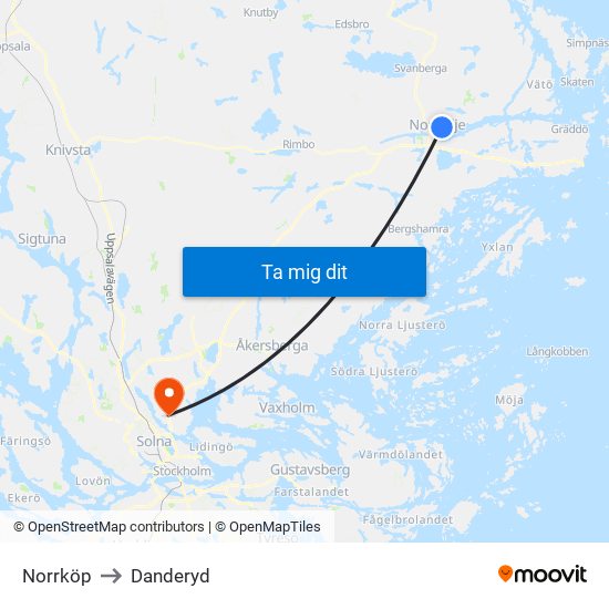 Norrköp to Danderyd map