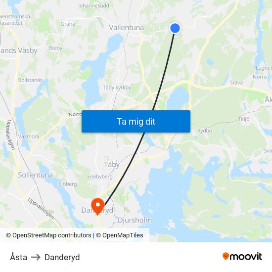 Åsta to Danderyd map