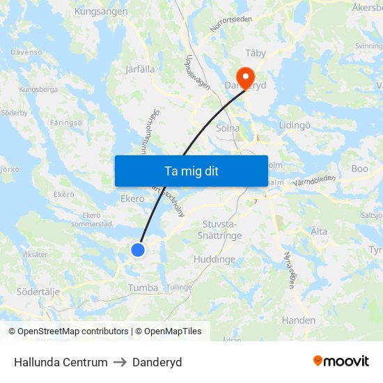 Hallunda Centrum to Danderyd map