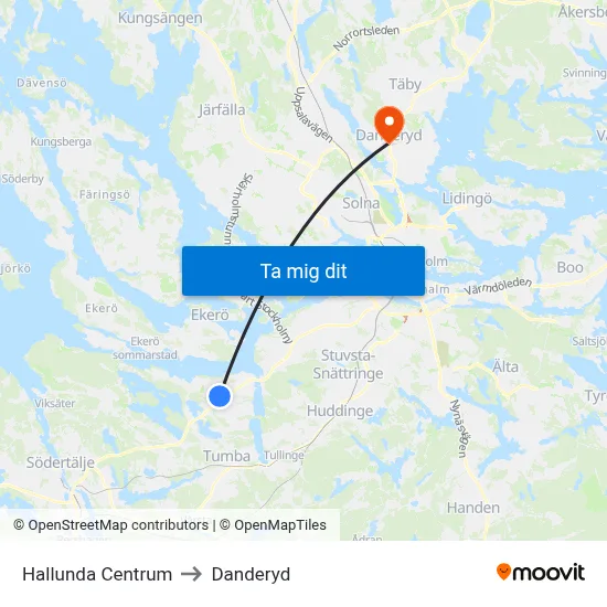 Hallunda Centrum to Danderyd map