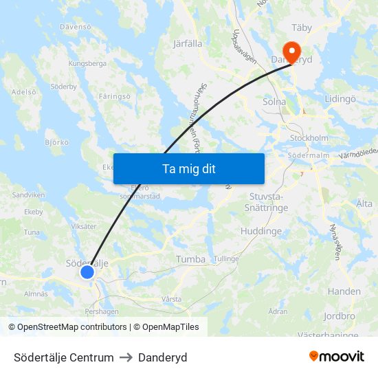 Södertälje Centrum to Danderyd map