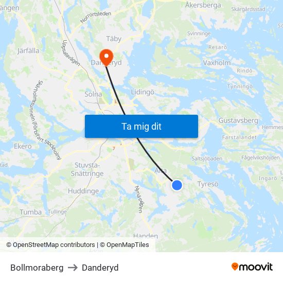 Bollmoraberg to Danderyd map