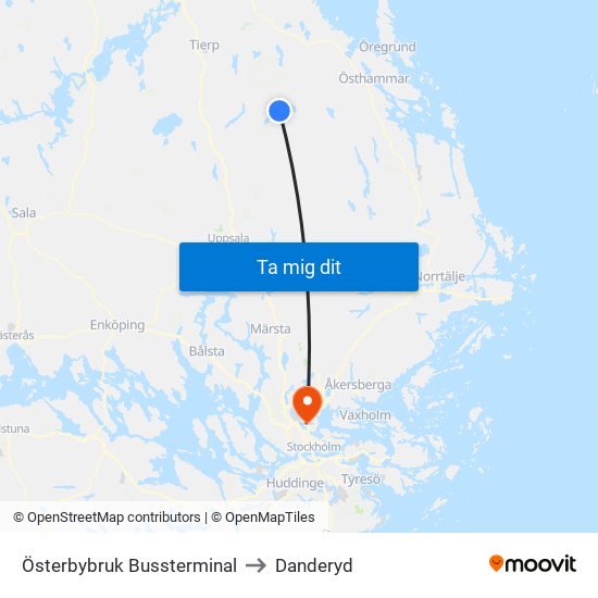 Österbybruk Bussterminal to Danderyd map