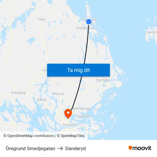 Öregrund Smedjegatan to Danderyd map