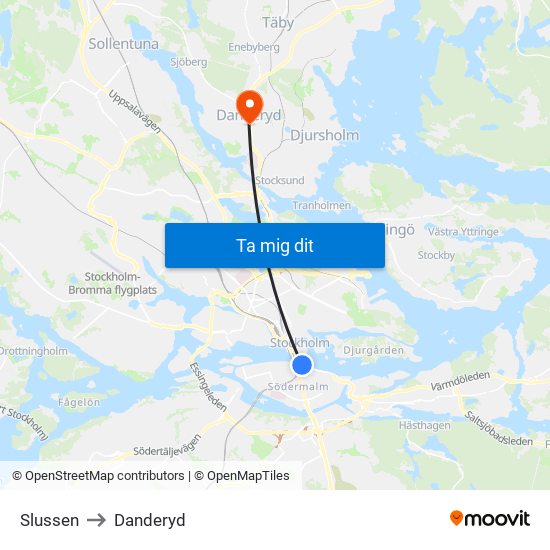 Slussen to Danderyd map