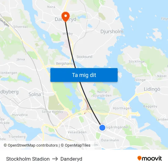 Stockholm Stadion to Danderyd map