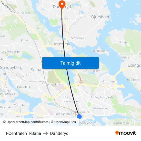 T-Centralen T-Bana to Danderyd map