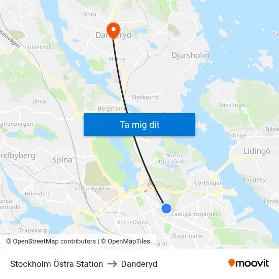Stockholm Östra Station to Danderyd map