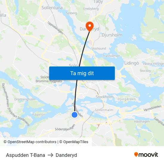 Aspudden T-Bana to Danderyd map