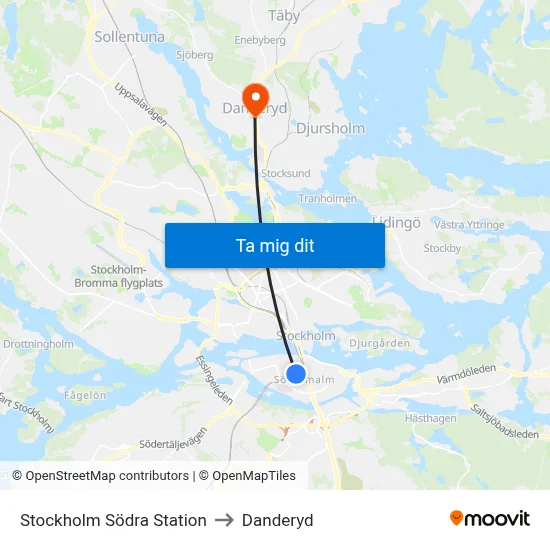 Stockholm Södra Station to Danderyd map