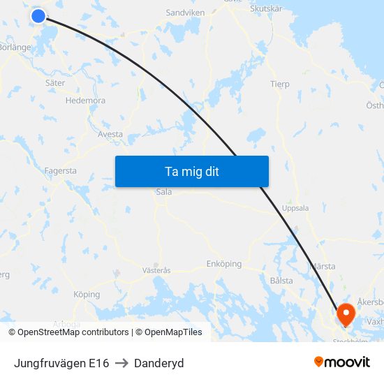 Jungfruvägen E16 to Danderyd map