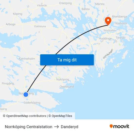 Norrköping Centralstation to Danderyd map