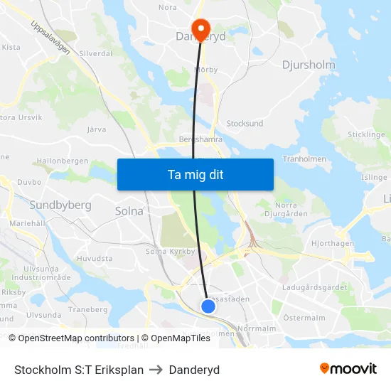 Stockholm S:T Eriksplan to Danderyd map