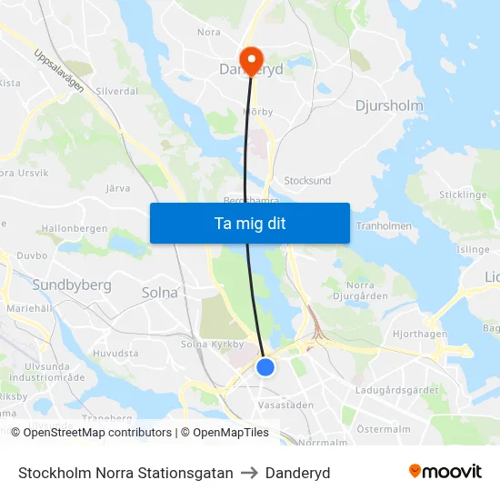 Stockholm Norra Stationsgatan to Danderyd map