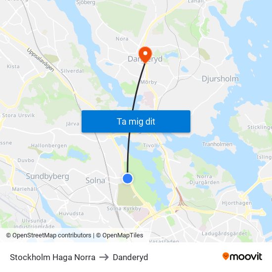 Stockholm Haga Norra to Danderyd map