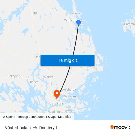 Västerbacken to Danderyd map