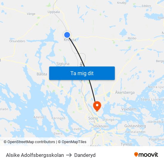 Alsike Adolfsbergsskolan to Danderyd map