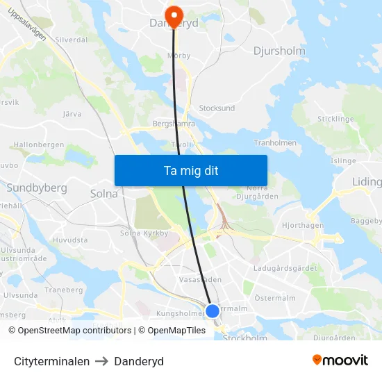 Cityterminalen to Danderyd map