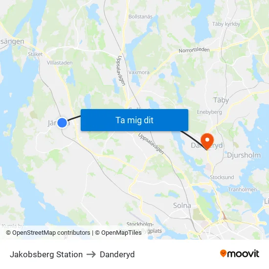 Jakobsberg Station to Danderyd map