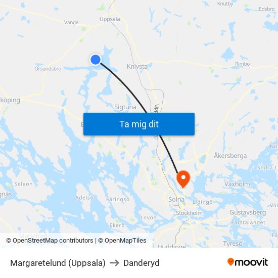 Margaretelund (Uppsala) to Danderyd map