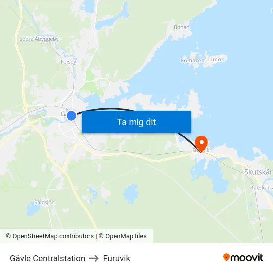 Gävle Centralstation to Furuvik map
