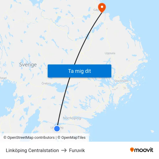 Linköping Centralstation to Furuvik map