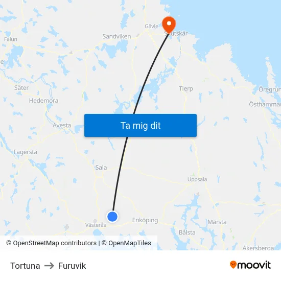 Tortuna to Furuvik map