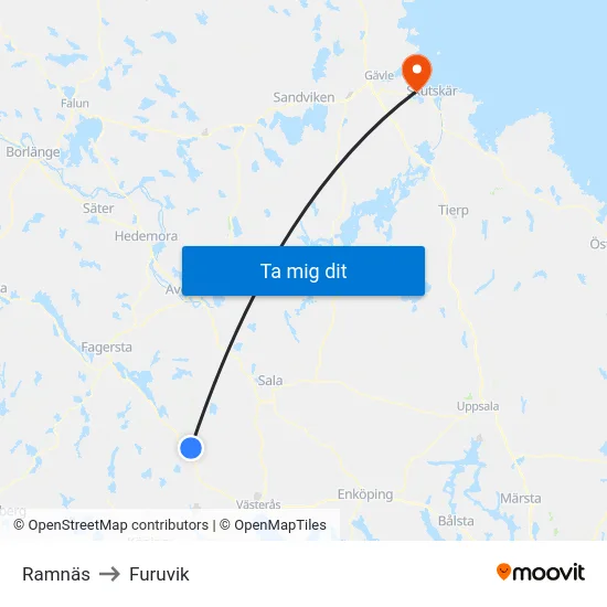 Ramnäs to Furuvik map
