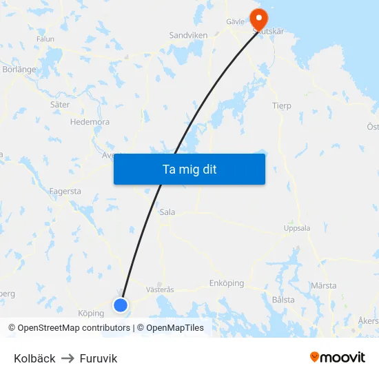 Kolbäck to Furuvik map