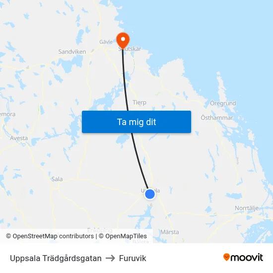 Uppsala Trädgårdsgatan to Furuvik map