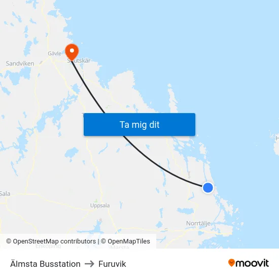 Älmsta Busstation to Furuvik map