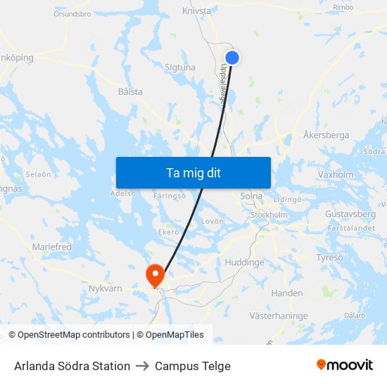 Arlanda Södra Station to Campus Telge map